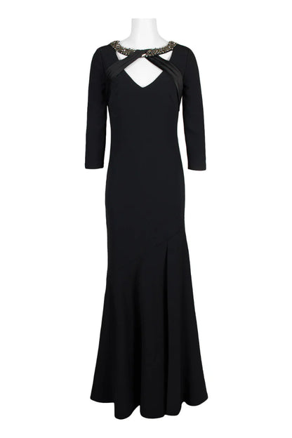 Embellished Boat Neck Long Sleeve Flutter Hem Zipper Back Pleated Crossed Front Mother of the Bride Dresses