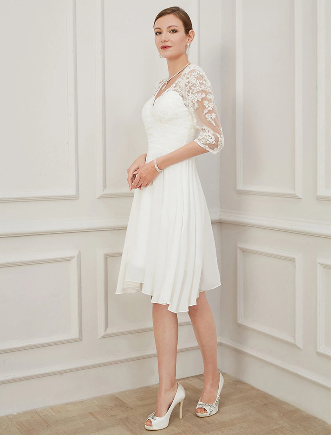 Little white dress wedding dress A-line V-neck half sleeved knee length chiffon bridal dress with pendant stickers