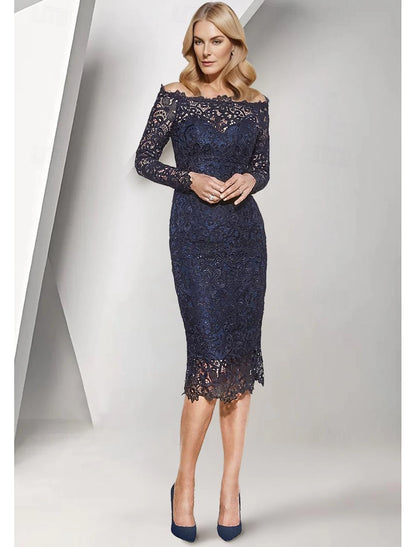 Pillar Set Bride Mother Dress Formal Wedding Guests Generous Square Neck Off Shoulder Tea Long Lace Long Sleeve Lace Flower Blue Wedding Guest Dress