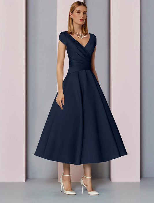 A-shaped Bride Mom Dress Wedding Guests Noble and Low Luxury V-neck Tea Long Chamois Silk Sleeveless Ruffles