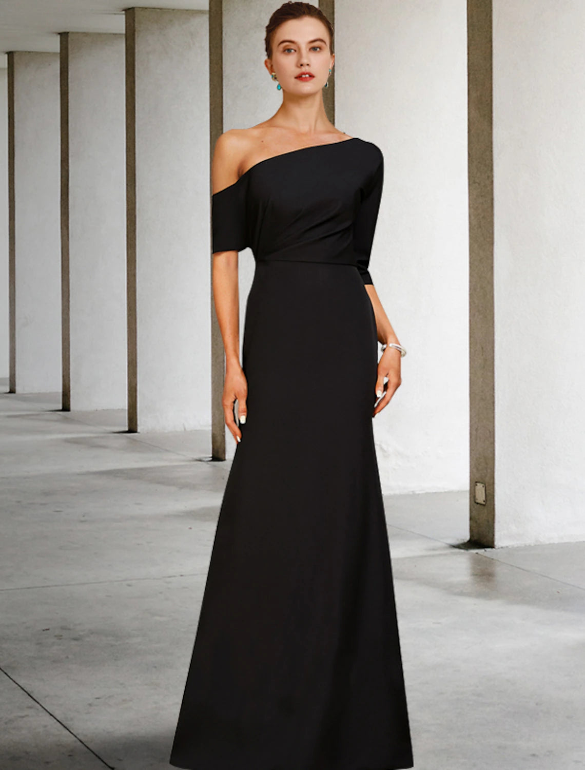 Bride Mom Dress Wedding Guests Retro One Shoulder to Floor Length Soft Satin 3/4 Long Sleeves with Ruffle Edge Side Drop