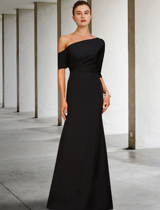 Bride Mom Dress Wedding Guests Retro One Shoulder to Floor Length Soft Satin 3/4 Long Sleeves with Ruffle Edge Side Drop