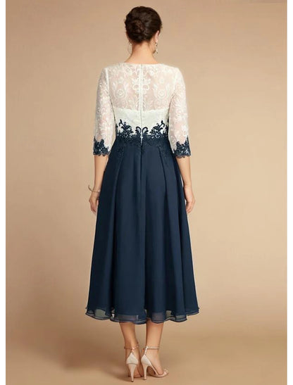 A-line Wedding Guest Elegant Dress Vintage Gem Neck Chiffon Lace Half Sleeve Lace Sticker Color Block Mom Dress