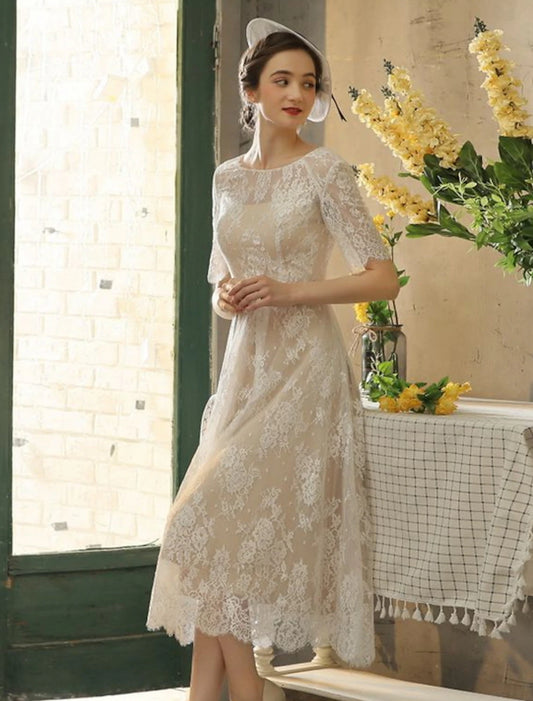 Minimalist Wedding Dress A-shaped Off Shoulder Cap Sleeves Tea Long Pleated Satin Bridal Dress Wedding Party