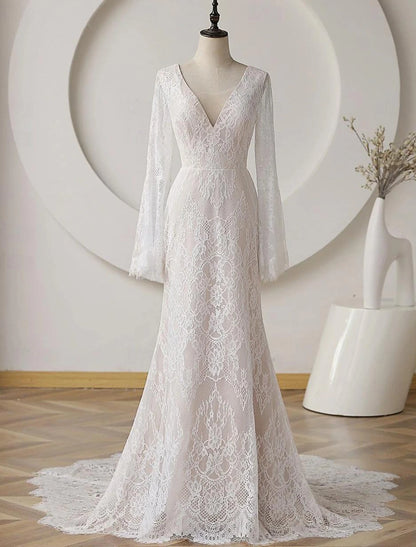 Beach Bohemian style wedding dress column high necked long sleeved palace tail bridal dress with stickers