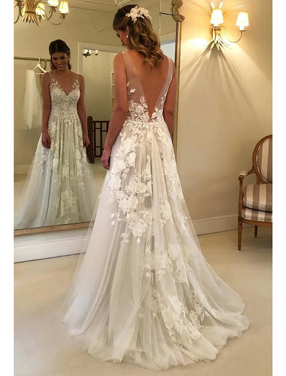 Beach Bohemian style wedding dress A-line V-neck sleeveless lace bride dress with stickers