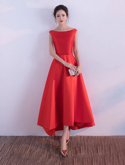 A-line Evening Dress Wedding Guest Party Asymmetric Sleeveless Jewel Neck Satin Fashion
