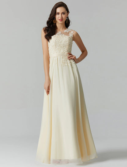 A-line Evening Dress Elegant Decal Dress Wedding Guest Ball and Floor Length Sleeveless Perspective Collar Bridesmaid Dress Georgette