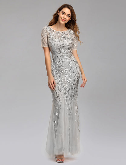Mermaid Evening Dress Ball and Floor Length Short sleeved Jewelry Collar Autumn Wedding Guests Embroidered Thin Gauze
