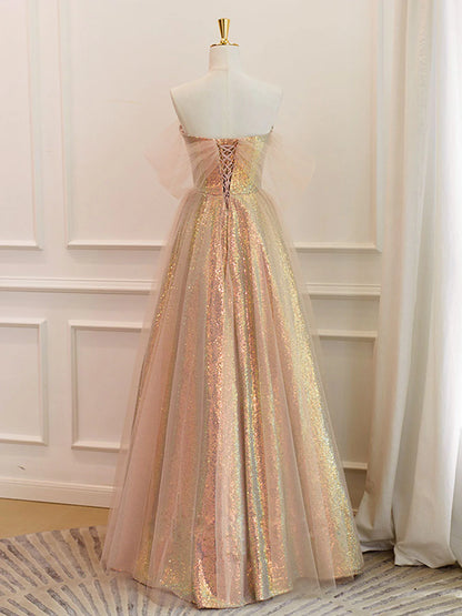 A-Line Sweetheart Neck Gold Sequin Long Prom Dress Gold Prom Dress