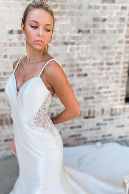 V-Neck Beading Trumpet Long Wedding Dress