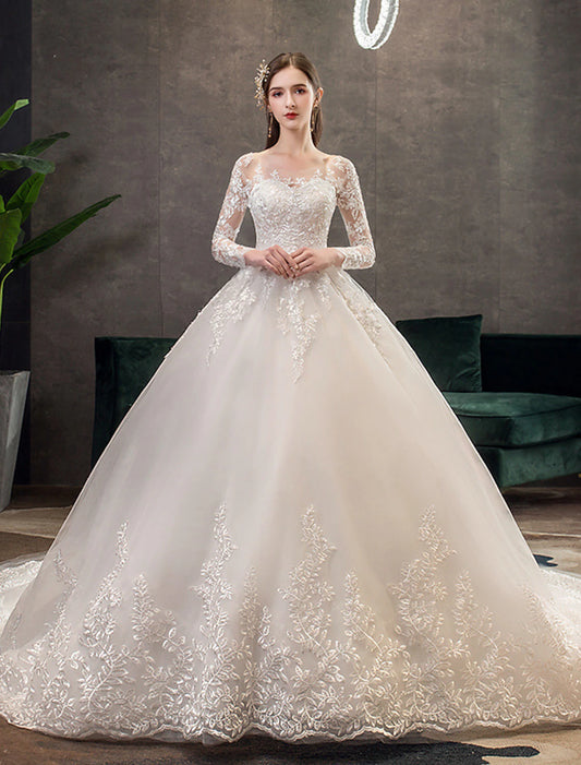 Engagement formal wedding ball dress Phantom collar long sleeved lace bridal dress with pleated stickers