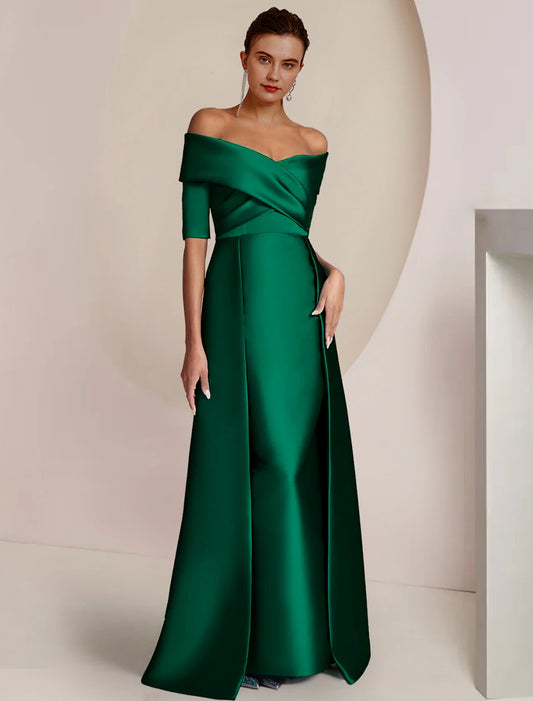 Pillar Set Bride Mom Dress Formal Wedding Guest Party Off the Shoulder Floor Long Satin with Ruffles