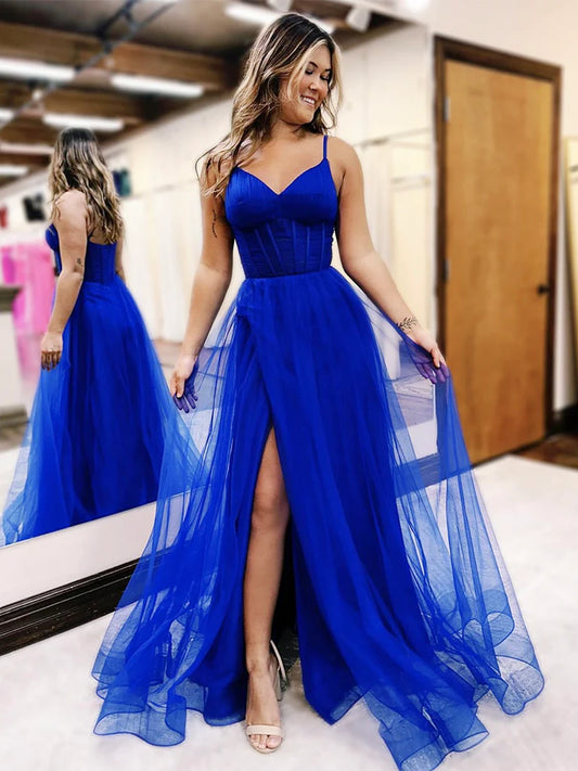 A-Line V Neck Tulle Blue Long Evening Dress Blue Tulle Long Formal Dress