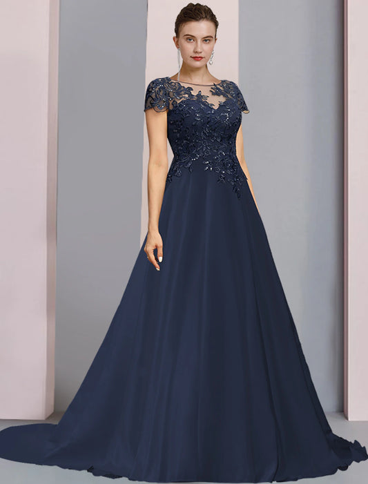 A-shaped Bride Mom Dress Formal Wedding Elegant and Noble Party Low Round Neck Sweeper/Brush Tail Satin Lace Short Sleeves with Sequin Stickers