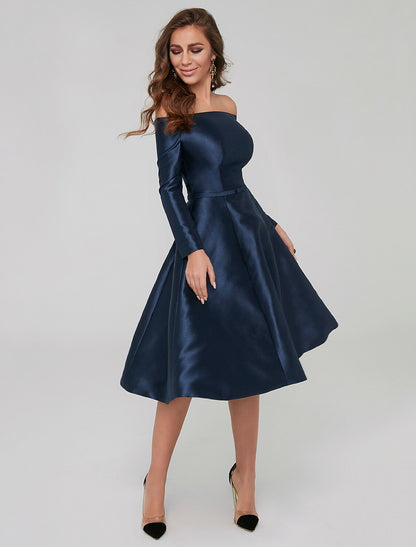 A-line elegant dress wedding guests cocktail party knee length long sleeved off shoulder satin pleats