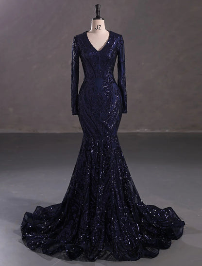 Mermaid Loudspeaker Elegant Evening Dress Carnival Long sleeved V-neck African American Lace with Sequins