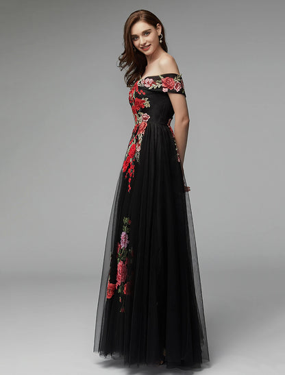 A-shaped floral dress for wedding guests ball and floor length sleeveless off shoulder lace sheer with embroidered stickers