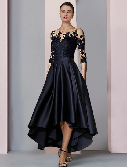 A-shaped Bride Mom Formal Dress Wedding Elegant High Low Spoon Neck Asymmetric Tea Length Satin Lace 3/4 Long Sleeves with Folded Stickers