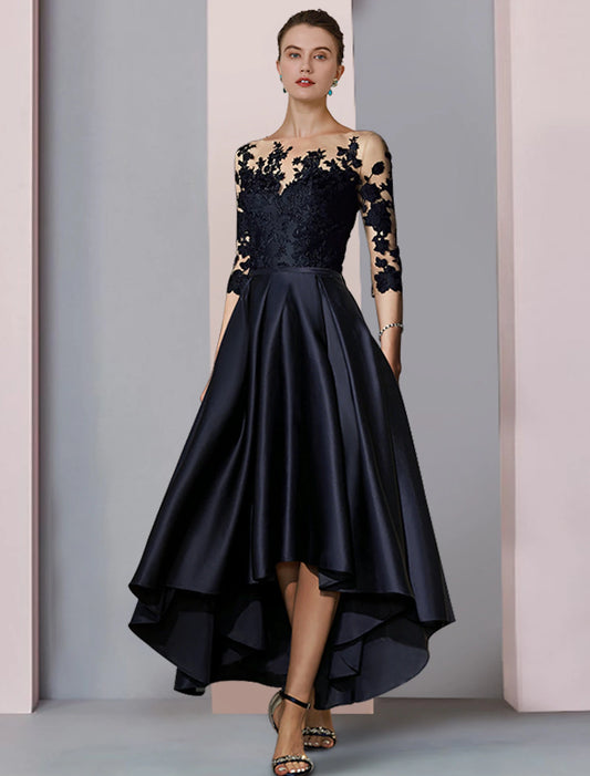 A-shaped Bride Mom Formal Dress Wedding Elegant High Low Spoon Neck Asymmetric Tea Length Satin Lace 3/4 Long Sleeves with Folded Stickers