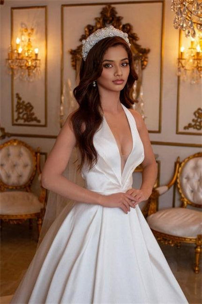 Ivory A-line V-neck Sleeveless Satin Wedding Dresses