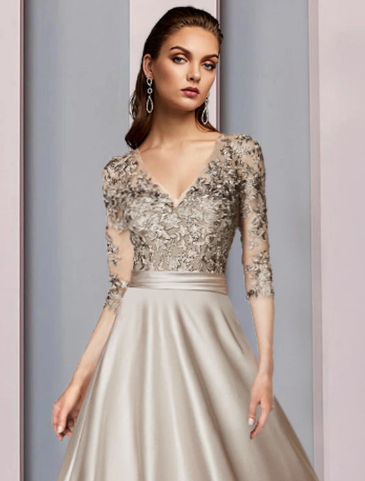 A-shaped Bride Mom Dress Wedding Guests are dignified with V-neck tea long satin lace half sleeve pleated stickers