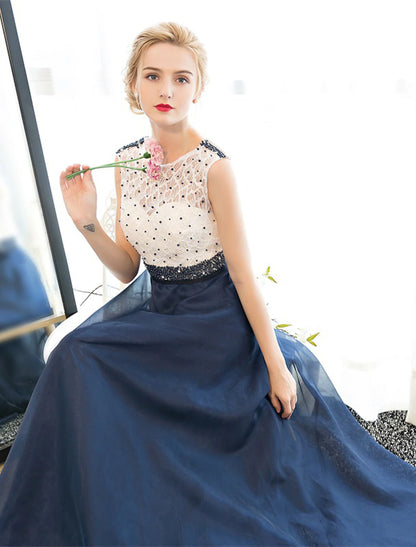 A-line Elegant Wedding Guest Ball Dress with Floor Length Sleeveless Phantom Neckline Lace Beads