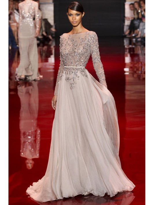 A-line Princess High Neck Long Sleeve Applique Dyed Chiffon Dress