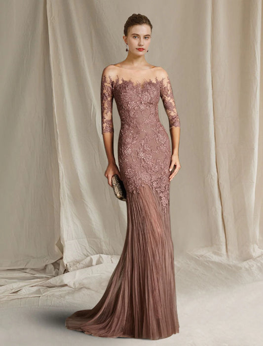 Mermaid Small Bride Mom Wedding Guests Elegant and Trendy Low Round Neck/Brush Tail Lace Sheer Half Cuff Band Applique