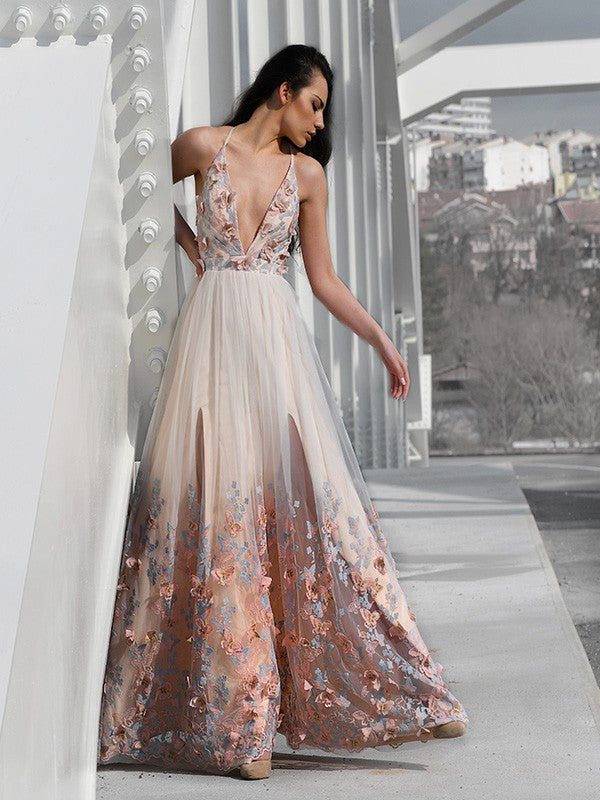 Elegant Princess Tulle Floor mopping V-neck Sleeveless Applique Dress