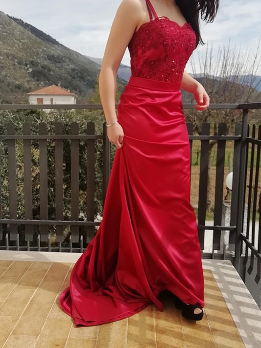 Horn shaped mermaid elastic woven satin spaghetti strap sleeveless Applique Sweet dress