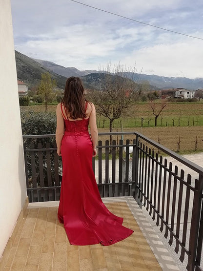 Trumpet mermaid shaped elastic woven satin spaghetti strap sleeveless dress