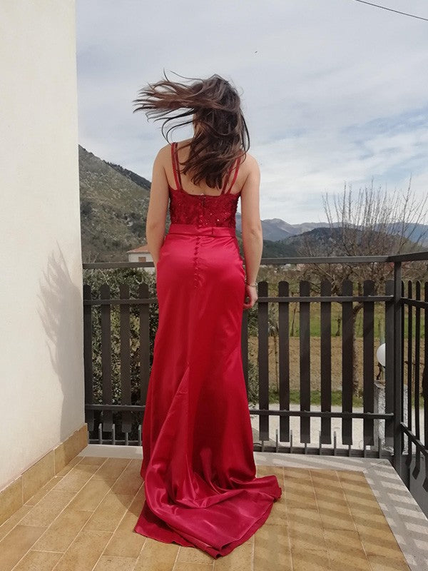 Horn shaped mermaid elastic woven satin spaghetti strap sleeveless Applique Sweet dress