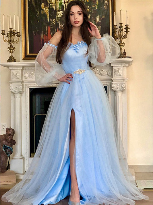 A-line Princess Elegant Off Shoulder Beaded Long sleeved Floor Mopping sheer Dress