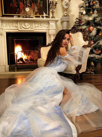 A-line Princess Elegant Off Shoulder Beaded Long sleeved Floor Mopping sheer Dress
