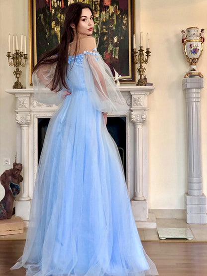 A-line Princess Elegant Off Shoulder Beaded Long sleeved Floor Mopping sheer Dress