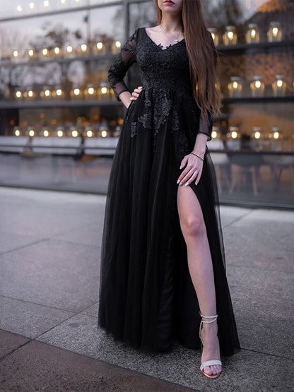 Ball Gown sheer long sleeved stickers off the shoulder party dress