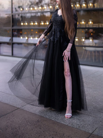 Ball Gown sheer long sleeved stickers off the shoulder party dress
