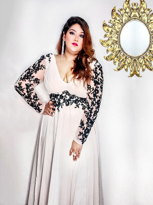 Princess V-neck decal floor mopping chiffon long sleeved plus size dress