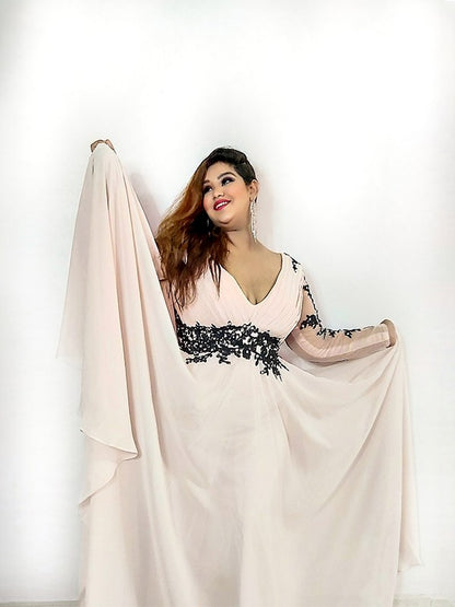 A-line princess decal floor mopping chiffon long sleeved plus size dress