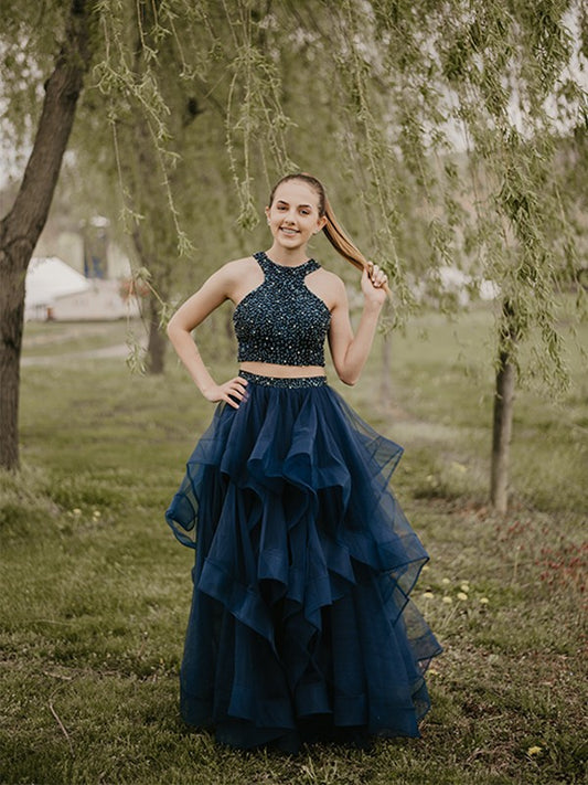Elegant Princess Pearl Sleeveless Floor mopping Tulle Two Piece Dress