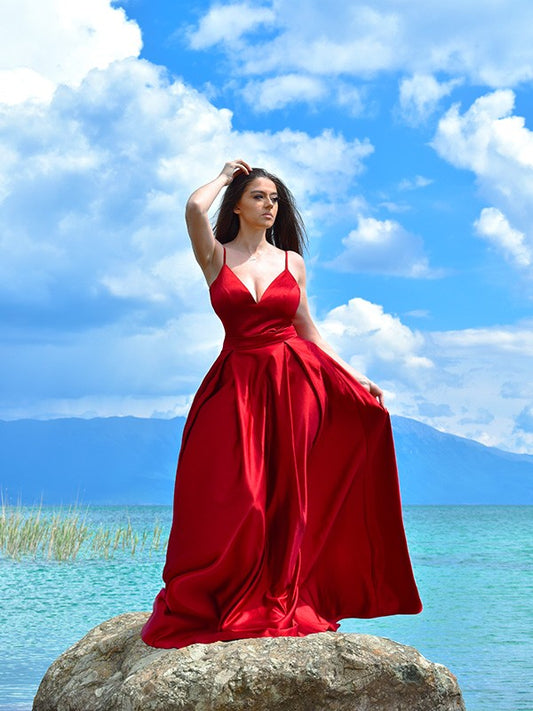 A-line Princess Satin Ruffle Edge V-neck Floor Mop Dress