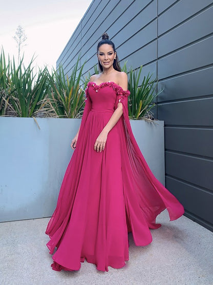 A-line Elegant Princess Chiffon Floor mopping Long sleeved Ruffle Edge Off the Shoulder Dress