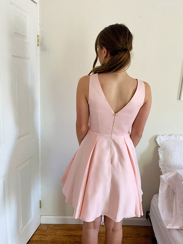 A-line Sweet Princess V-neck Sleeveless Ruffle Edge Satin Back to School Ball Dress