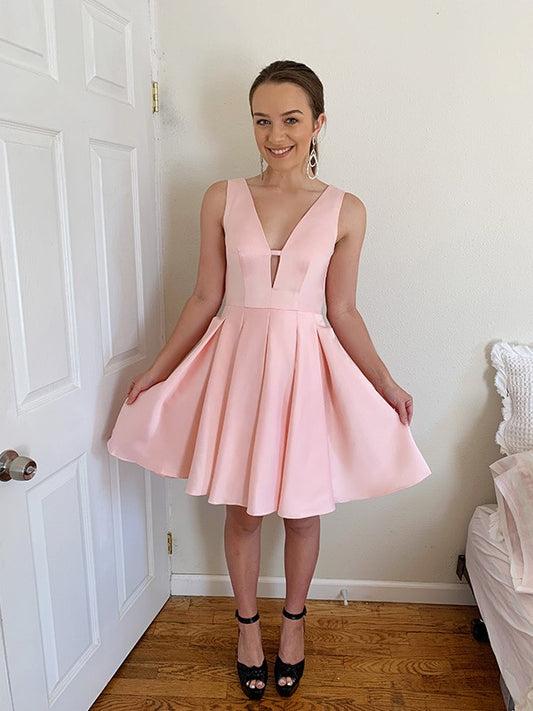 A-line Sweet Princess V-neck Sleeveless Ruffle Edge Satin Back to School Ball Dress