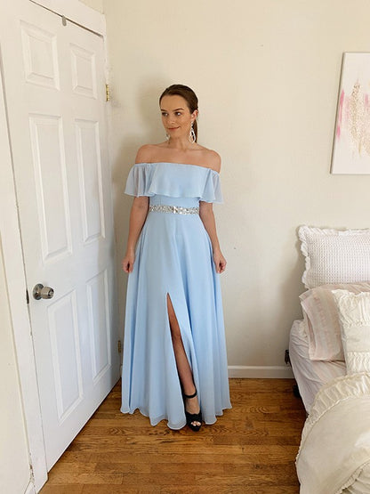 A-line Princess Sexy Off Shoulder Beaded Chiffon Floor Sleeveless Dress