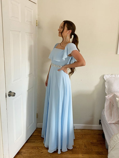 A-line Princess Sexy Off Shoulder Beaded Chiffon Floor Sleeveless Dress