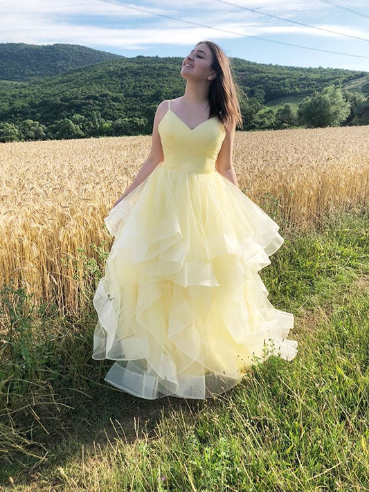Elegant Princess Ruffle Edge Italian Noodle Strap Sleeveless Tulle Floor Dress