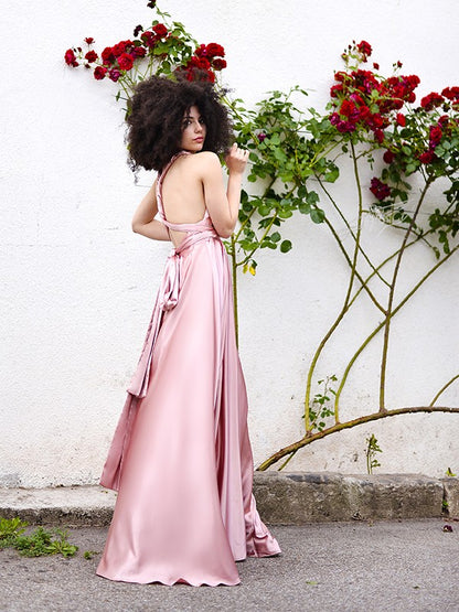 Elegant Princess Silk Sleeveless Italian Noodle Strap Floor Dress