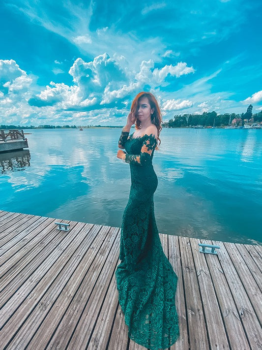 Loudspeaked mermaid lace ruffled long sleeved sexy off the shoulder dress